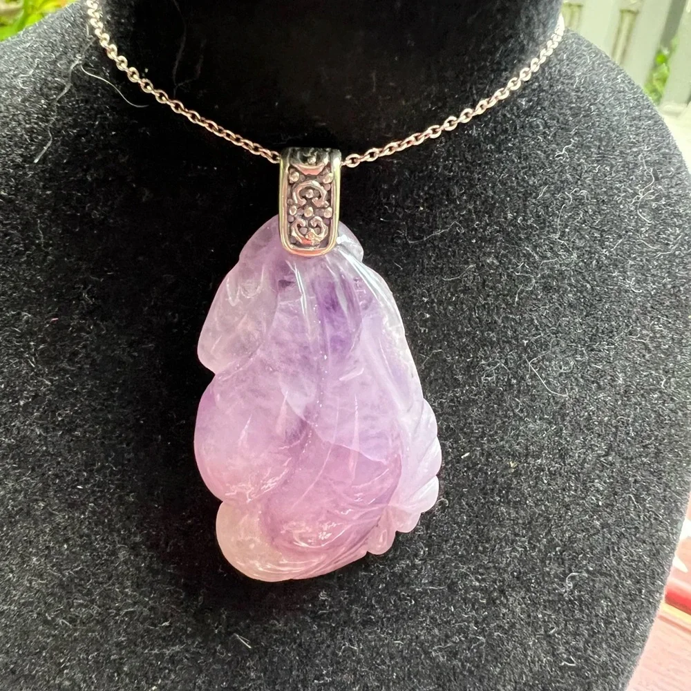 Lavender Jade Carved Pendant on Silver Chain